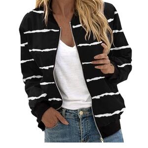 Black Striped Bomber Jacket Zip Up XL